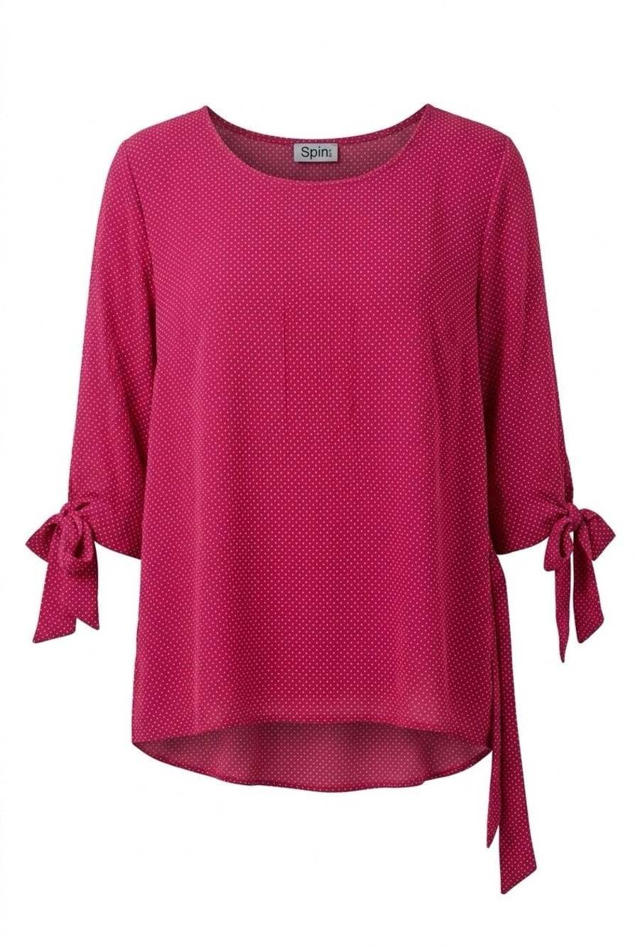 Spin USA Magenta Polka Dot Tie-Sleeve High-Low Blouse